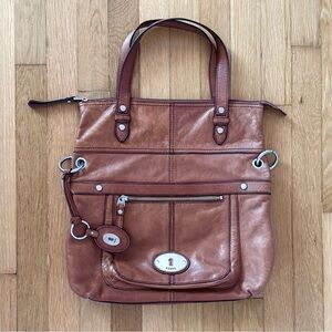 Vintage Fossil Brown Leather Tote Bag Large Y2K Lining 20x14